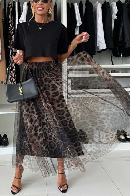 Tulle Leopard Print Elastic Waist A-line Maxi Skirt