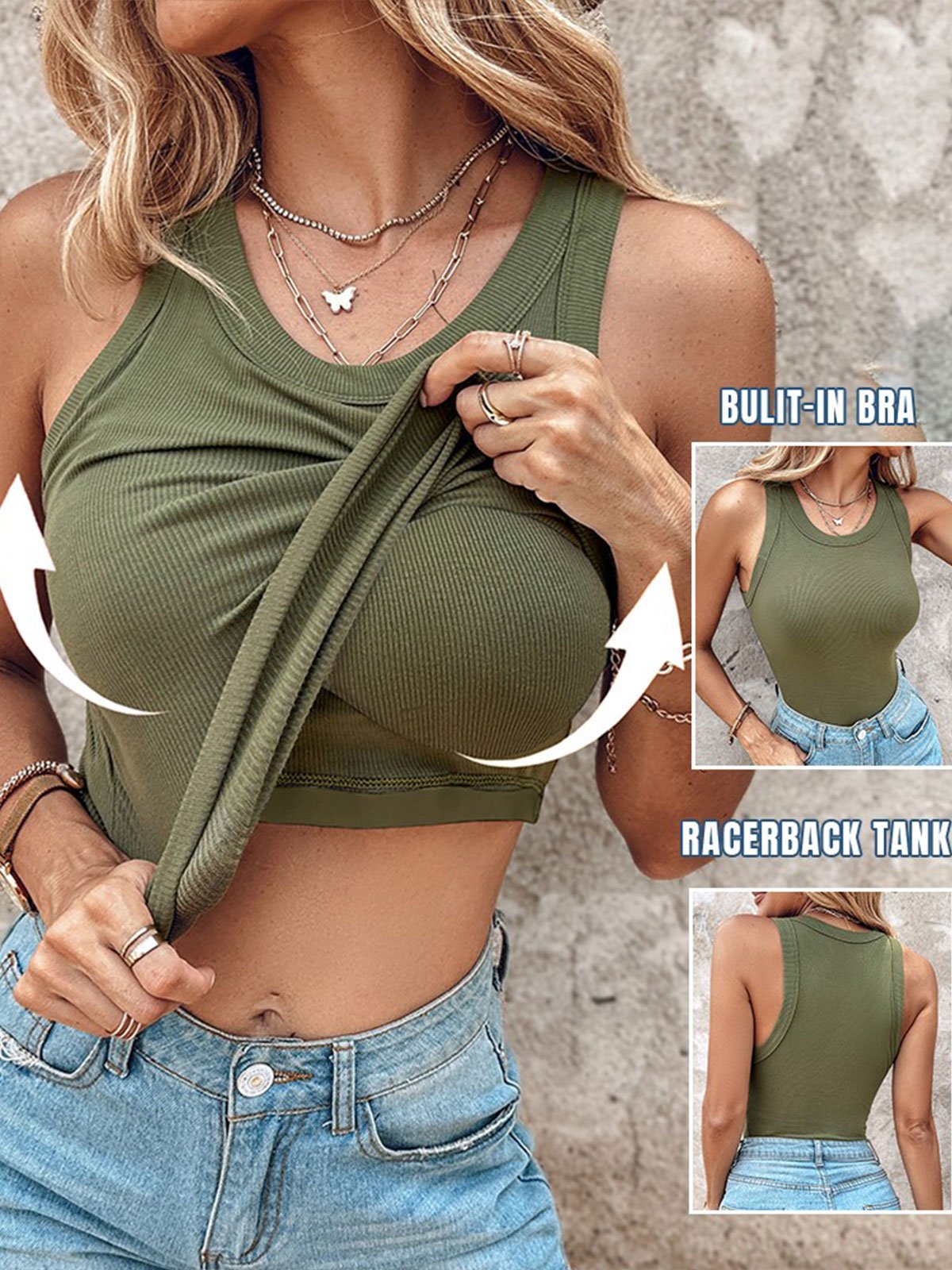 Last Day Promotion🔥Round Neck Built-in Bra Ribbed Tank Top(Buy 2 Free Shipping)