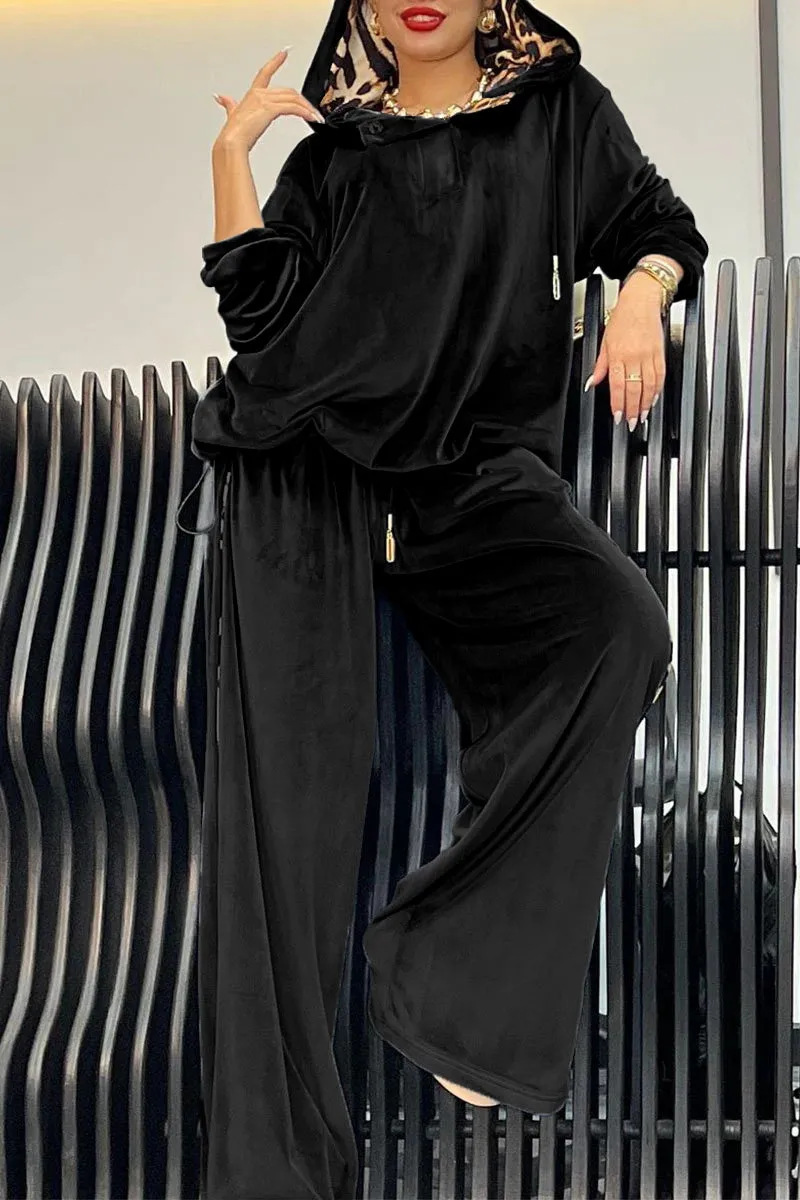 Elegant Velvet Hooded Top with Leopard Detail and Wide Leg Pants Set (Buy 2 Free Shipping)