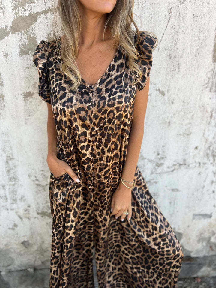 Leopard Print V-Neck Jumpsuit With Front Pockets (Buy 2 Free Shipping)