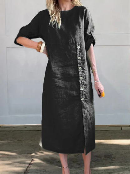 Linen Crew Neck Plain Short Sleeve Midi Dress