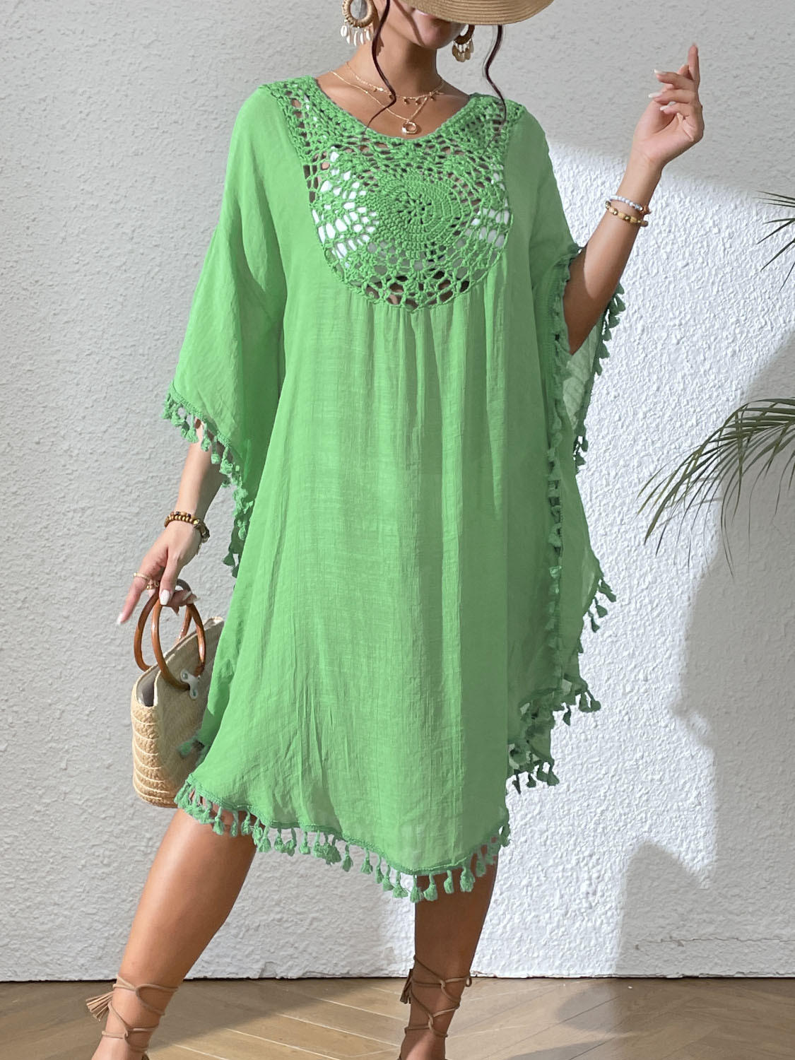 Boho Tassel Trim Crochet Yoke Loose Kaftan Dress