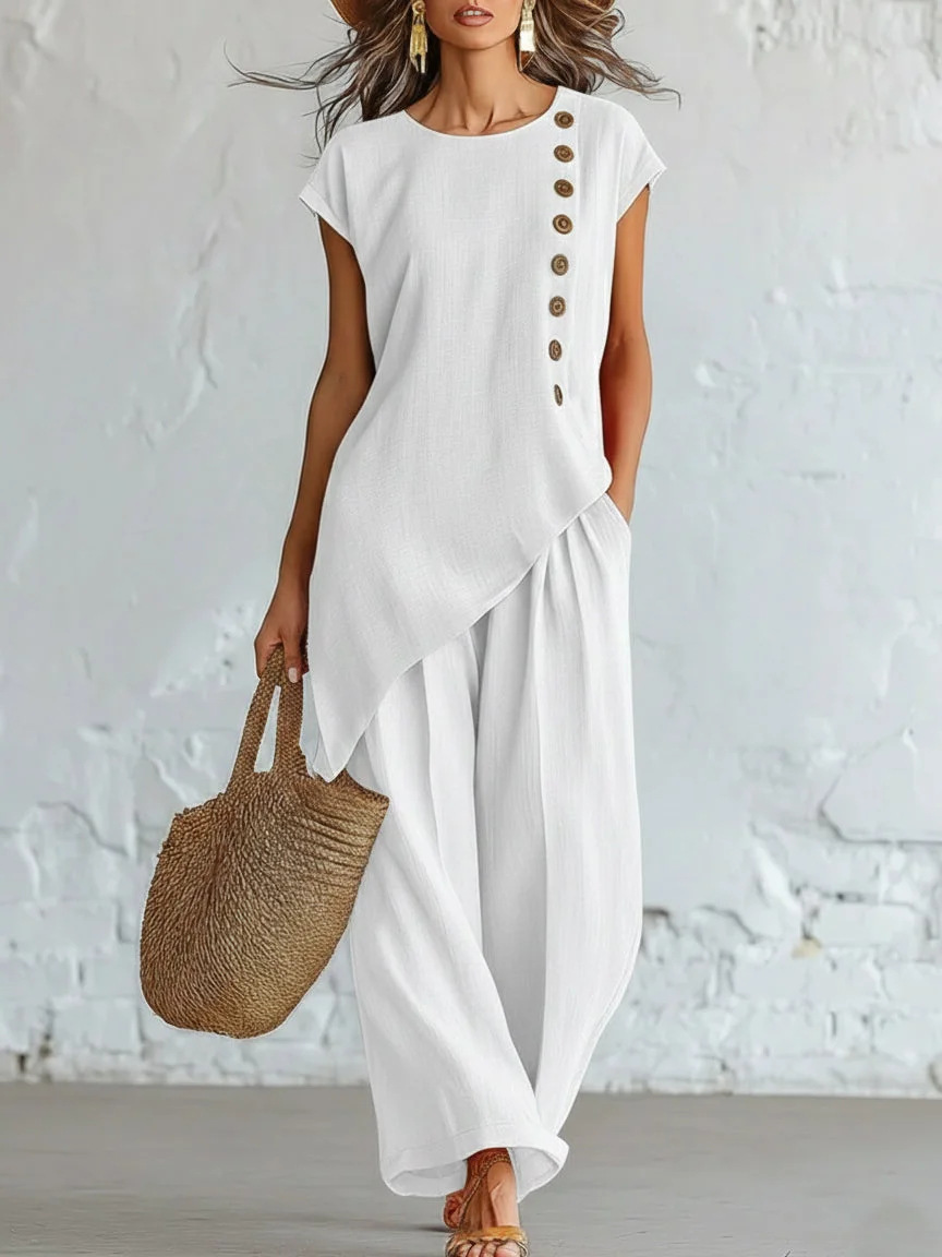 Elegant Asymmetric Button Detail Two-Piece Set (Buy 2 Free Shipping)