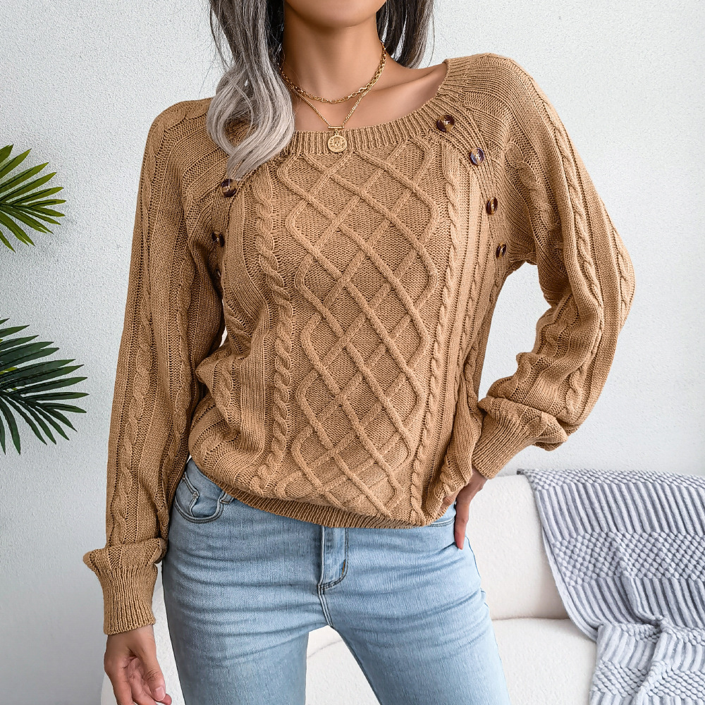 Textured Cable Knit Button Detail Relaxed Fit Sweater