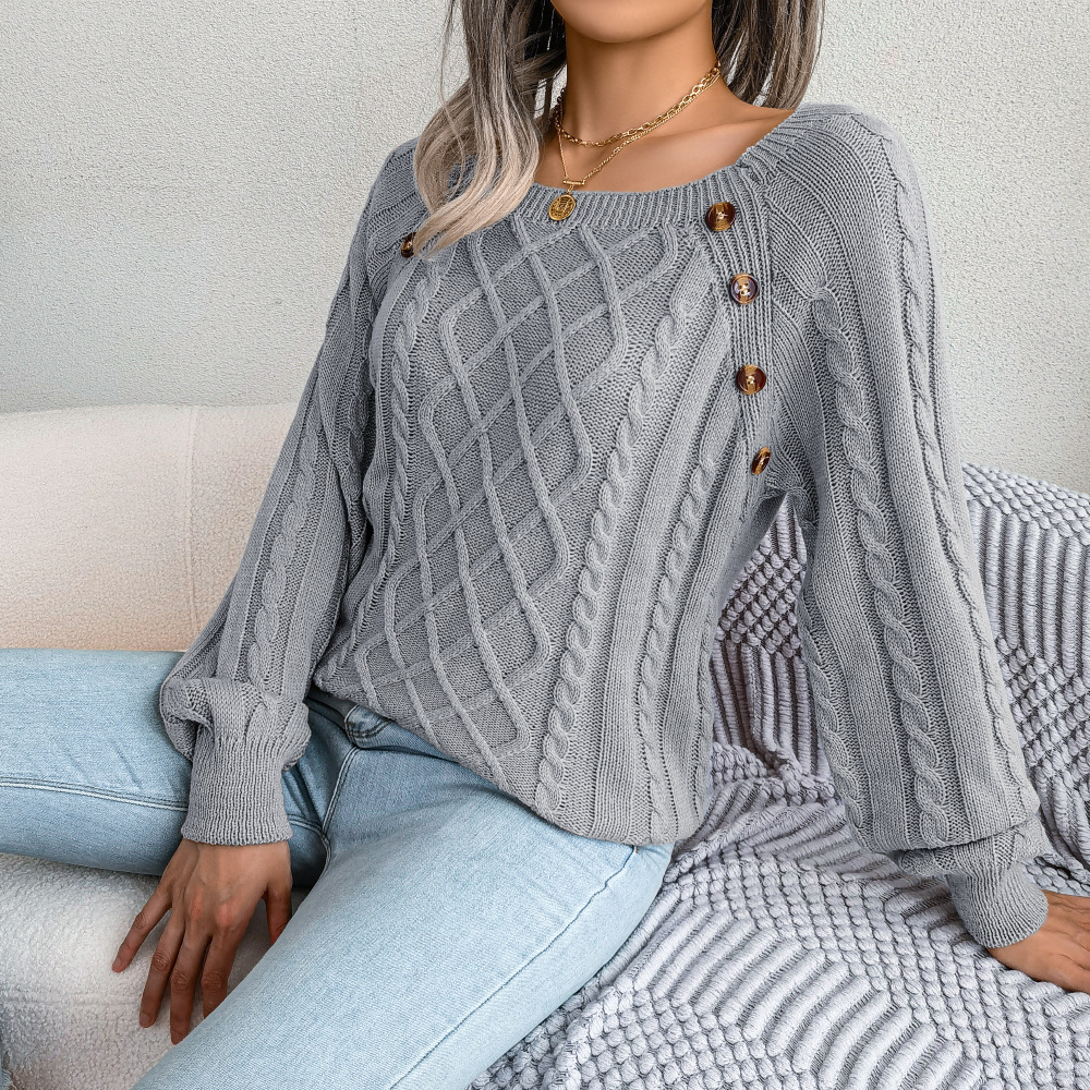 Textured Cable Knit Button Detail Relaxed Fit Sweater
