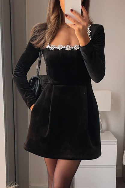 Velvet Jewel Embellished Trim Long Sleeve Pocketed Mini Dress (Buy 2 Free Shipping)