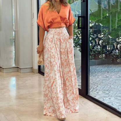 Floral Print Two-Piece Suit with High-Waisted Wide Leg Pants and Mid-Sleeve Shirt