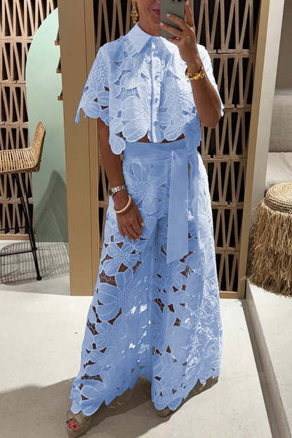 Floral Lace Cropped Shirt and Belt Pocketed Wide Leg Pants Set