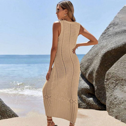 Elegant V-Neck Sleeveless Crochet Knit Maxi Dress