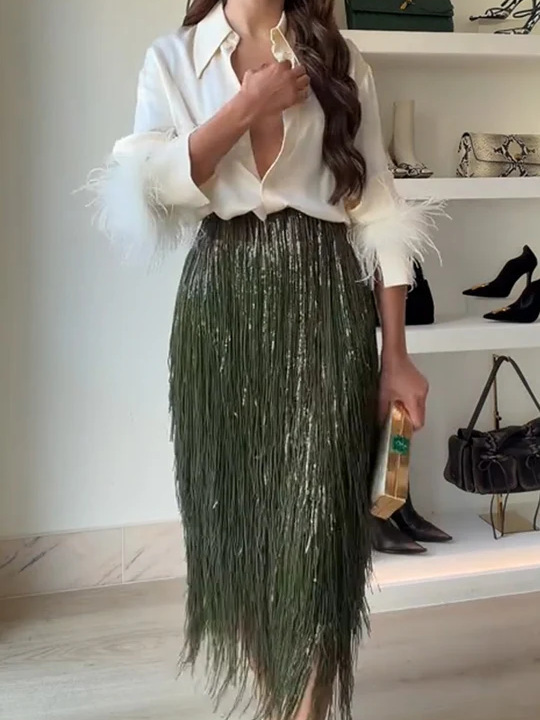 Elegant Tassel Trim Collared Shirt and Fringe Midi Skirt Set (Buy 2 Free Shipping)