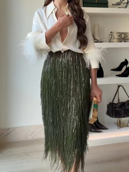 Elegant Tassel Trim Collared Shirt and Fringe Midi Skirt Set (Buy 2 Free Shipping)