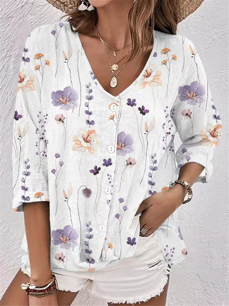 Vintage Floral Linen Button-Down Blouse with 3/4 Sleeves