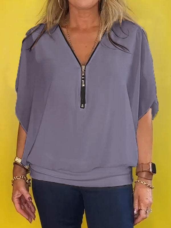 Last Day Promotion🔥Chiffon Half-zip Short-sleeved Casual Top(BUY 2 FREE SHIPPING)