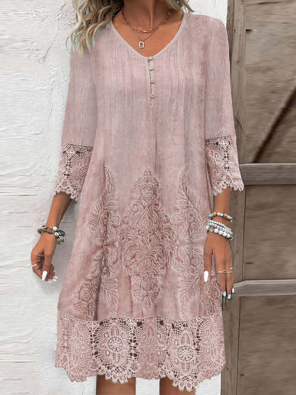 3/4 Sleeve V-neck Graphic Lace Buttons Midi Dress
