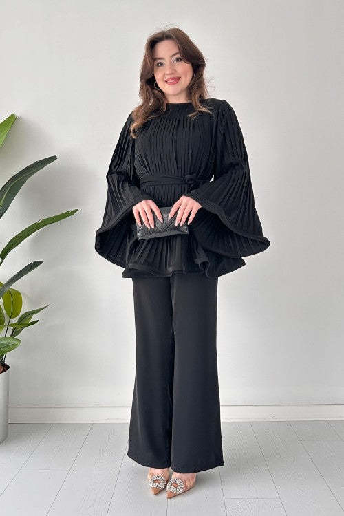 Pleated Bell Sleeve Top and Wide-Leg Pants Two Piece Set (Buy 2 Free Shipping)