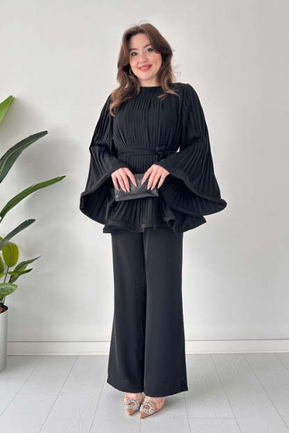 Pleated Bell Sleeve Top and Wide-Leg Pants Two Piece Set (Buy 2 Free Shipping)