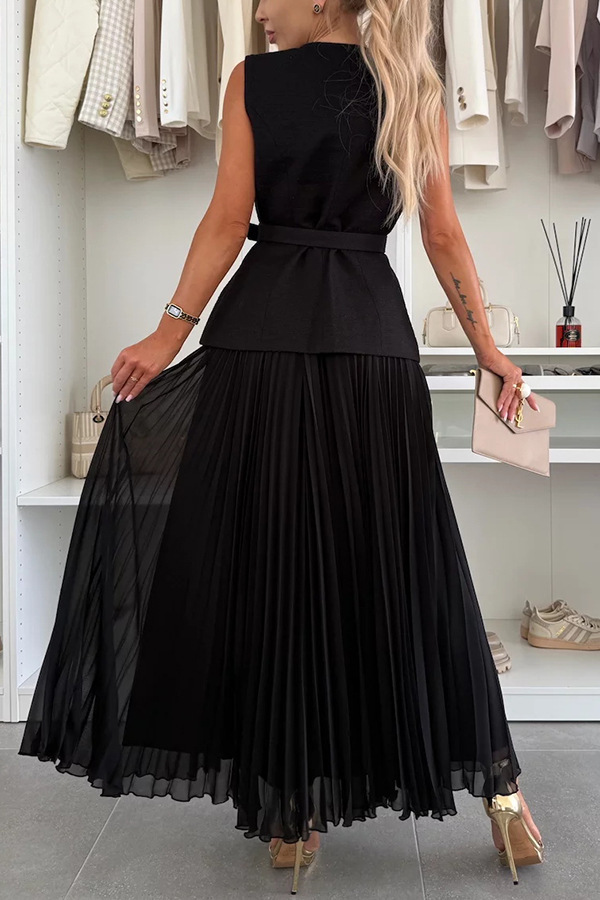 Elegant Sleeveless Belted Top and Pleated Maxi Skirt Set