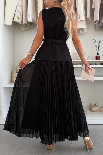 Elegant Sleeveless Belted Top and Pleated Maxi Skirt Set
