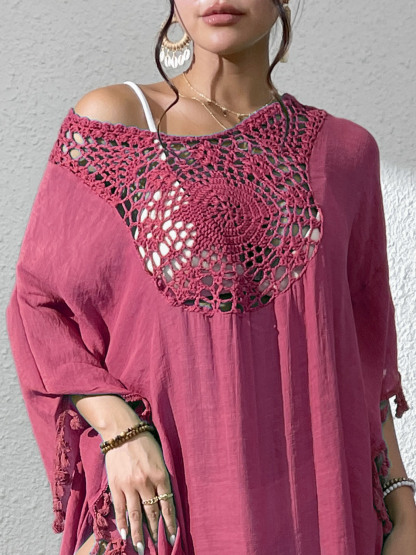 Boho Tassel Trim Crochet Yoke Loose Kaftan Dress