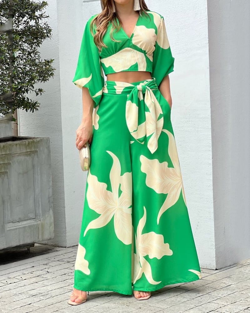 Fashion Print V-Neck Long Sleeve Top & Wide Leg Pants Two-Piece Set