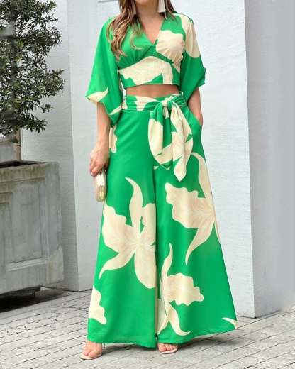 Fashion Print V-Neck Long Sleeve Top & Wide Leg Pants Two-Piece Set
