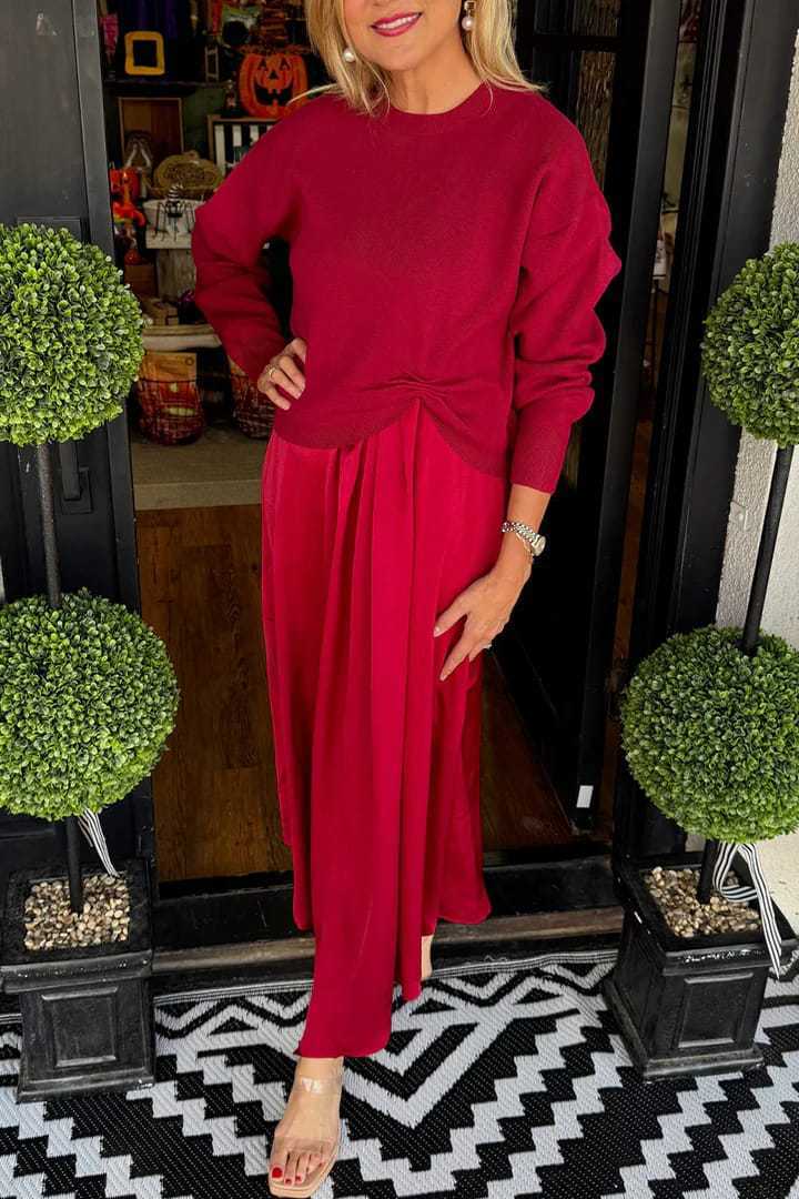 2025 European And American Style Cross-Border Women'S Clothing Independent Station Autumn And Winter Solid Color Round Neck Knitted Pleated Long-Sleeved Skirt Suit 2-Piece Set