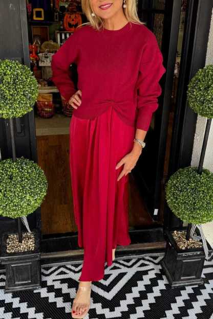 2025 European And American Style Cross-Border Women'S Clothing Independent Station Autumn And Winter Solid Color Round Neck Knitted Pleated Long-Sleeved Skirt Suit 2-Piece Set