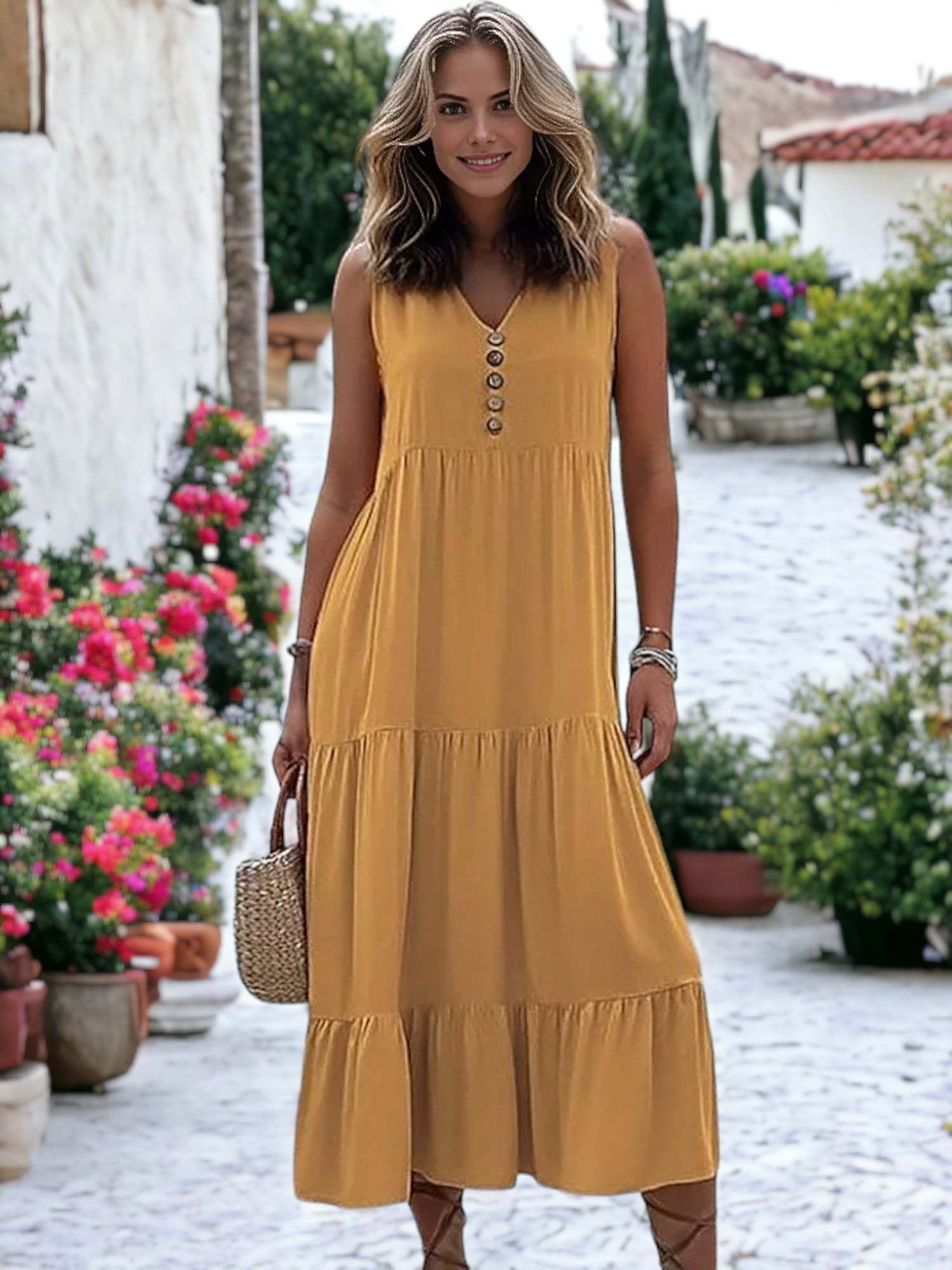 V-Neck Button Detailed Boho Midi Ruffle Dress For Women
