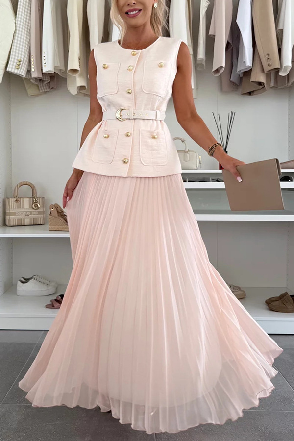 Elegant Sleeveless Belted Top and Pleated Maxi Skirt Set