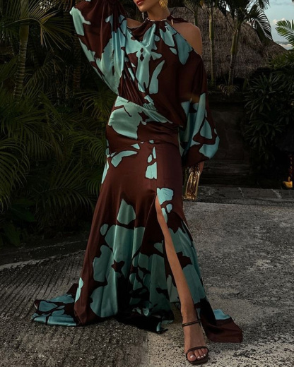 Off-the-shoulder Printed Slit Dress (Buy 2 Free Shipping)