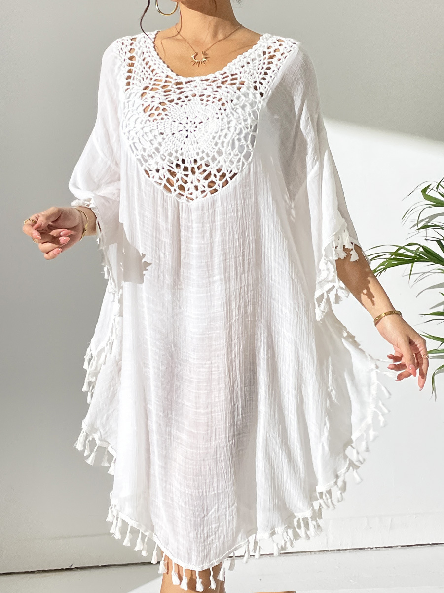 Boho Tassel Trim Crochet Yoke Loose Kaftan Dress
