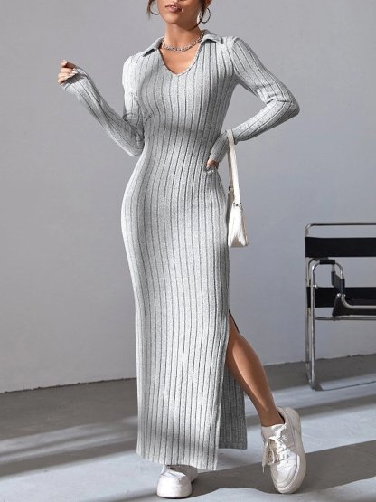 Knitted Fitted Lapel Long Sleeve Ribbed Dress (Buy 2 Free Shipping)