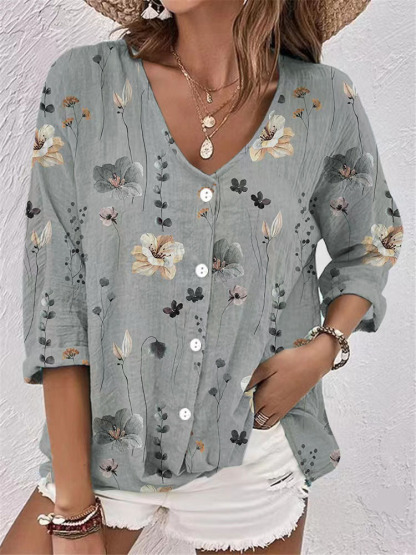 Vintage Floral Linen Button-Down Blouse with 3/4 Sleeves