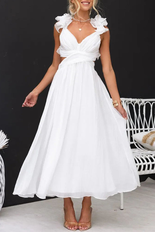 Floral Ruffle Detail Back Lace-up Elastic Waist Maxi Dress