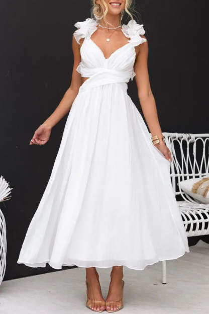 Floral Ruffle Detail Back Lace-up Elastic Waist Maxi Dress