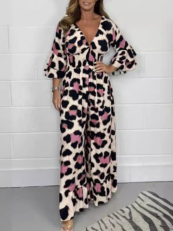  Leopard Print Wide-Leg Jumpsuit with Ruffle Sleeves (Buy 2 Free Shipping)