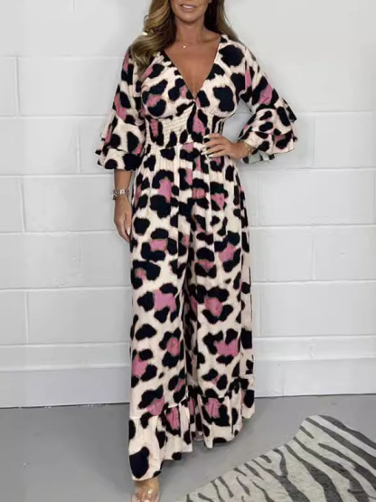  Leopard Print Wide-Leg Jumpsuit with Ruffle Sleeves (Buy 2 Free Shipping)