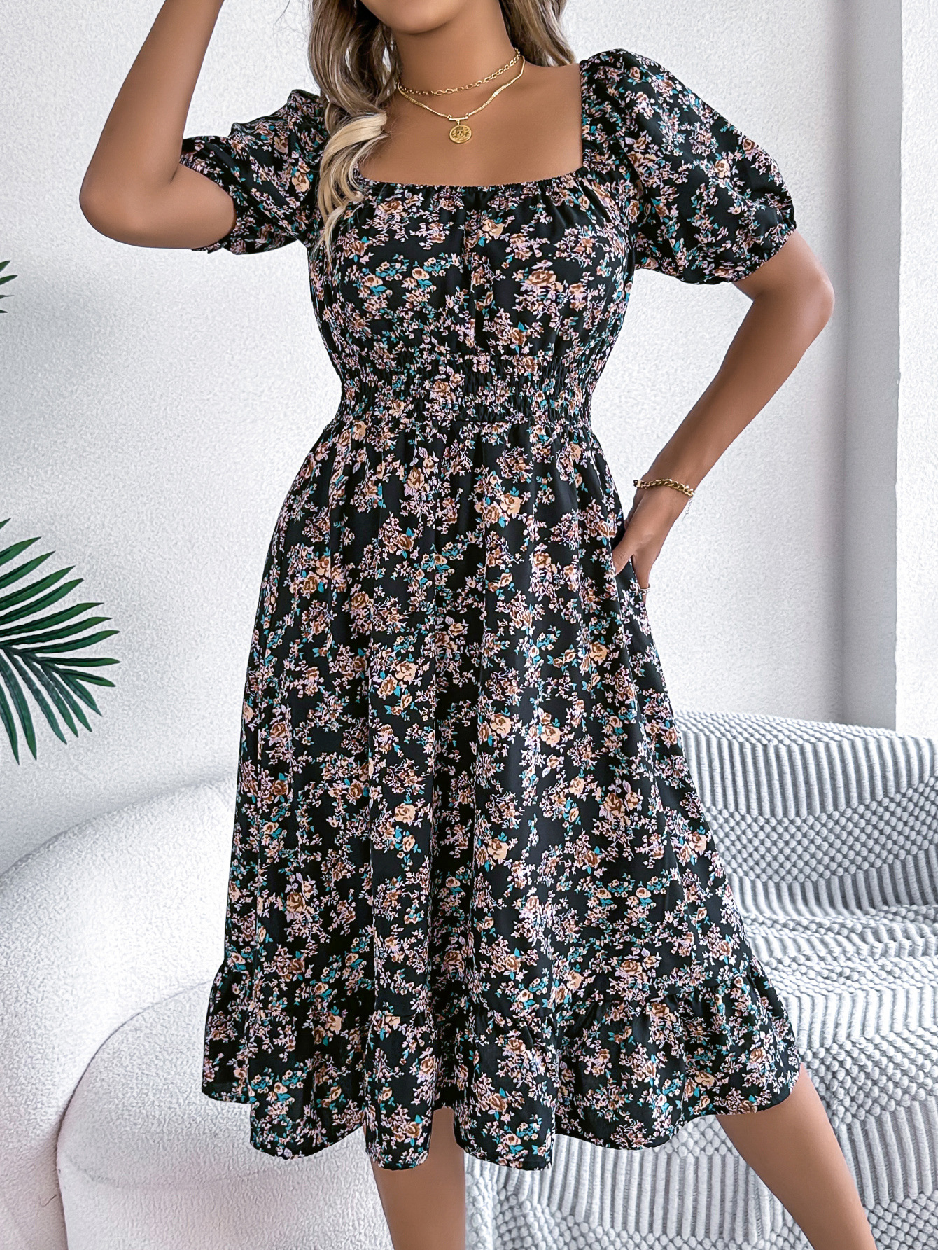 Elegant Floral Square Neck Smocked Waist Midi Dress