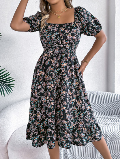 Elegant Floral Square Neck Smocked Waist Midi Dress