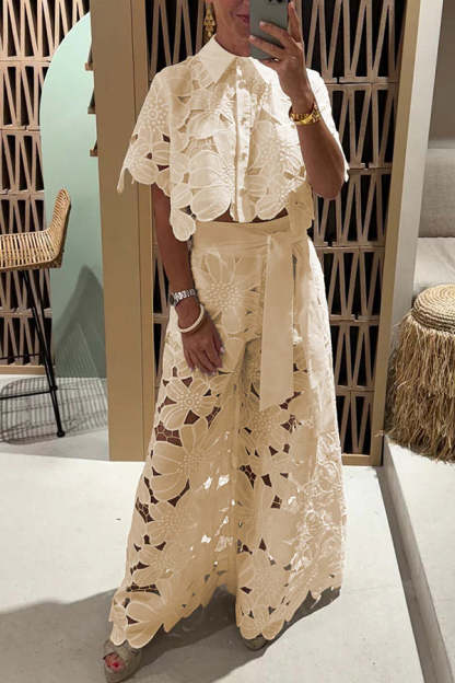 Floral Lace Cropped Shirt and Belt Pocketed Wide Leg Pants Set