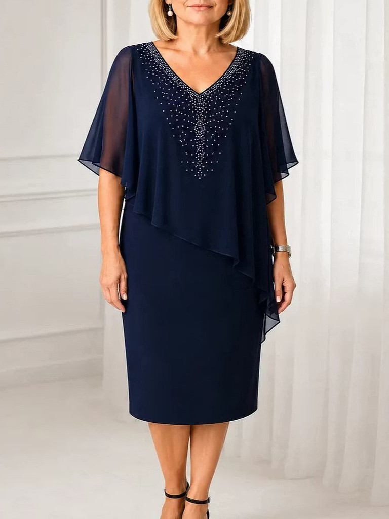 Elegant V-Neck Asymmetric Cape Midi Dress