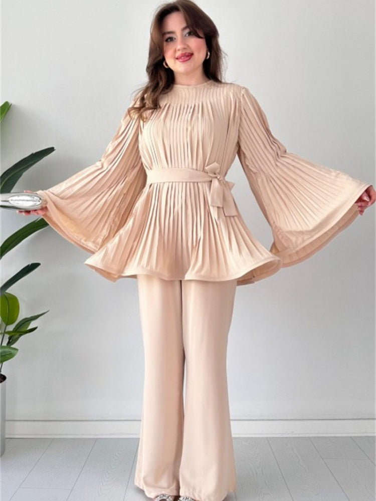 Pleated Bell Sleeve Top and Wide-Leg Pants Two Piece Set (Buy 2 Free Shipping)