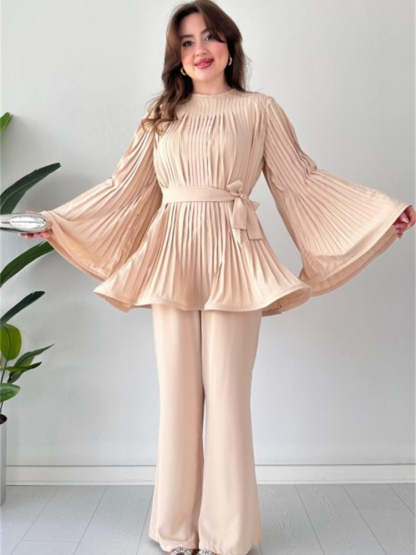 Pleated Bell Sleeve Top and Wide-Leg Pants Two Piece Set (Buy 2 Free Shipping)