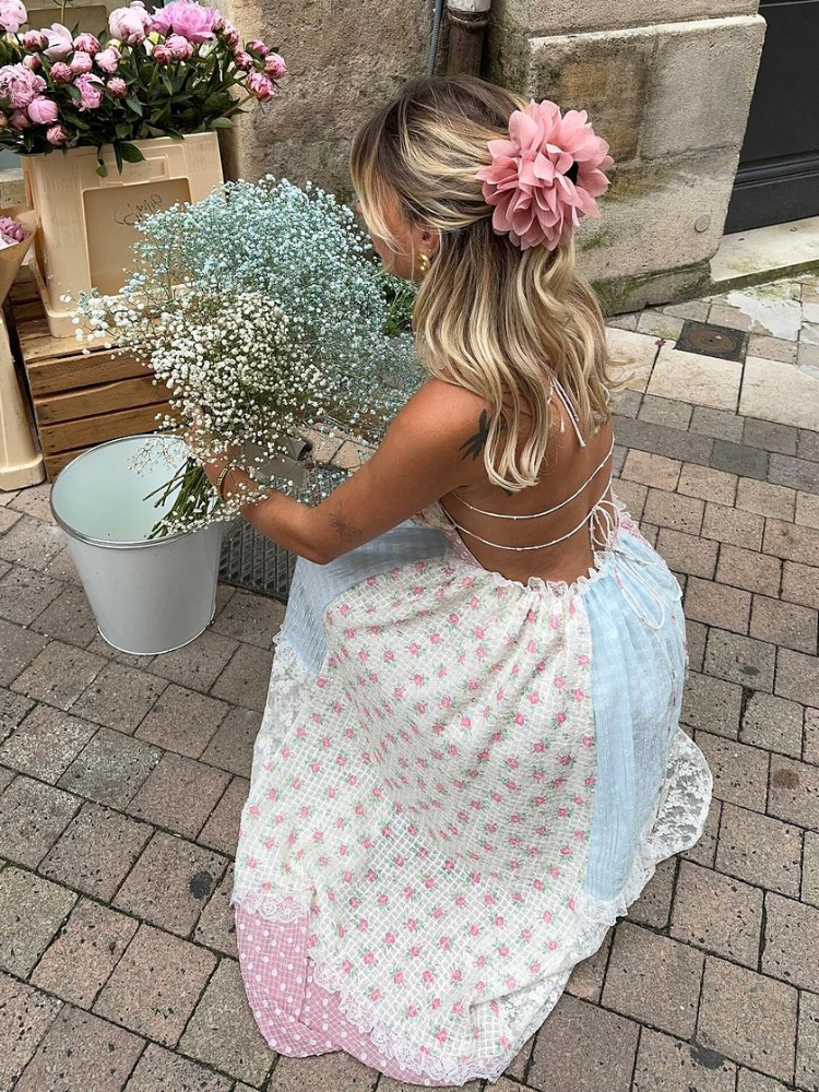 Lace Patchwork Halter Neck Floral Holiday Dress