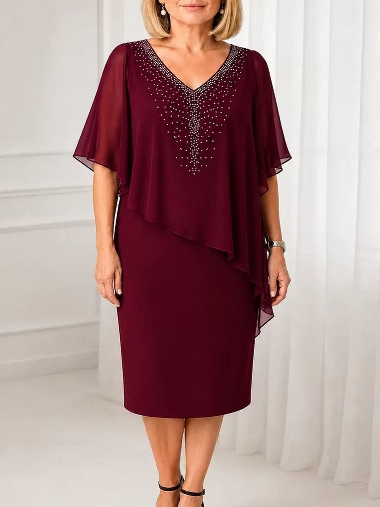 Elegant V-Neck Asymmetric Cape Midi Dress
