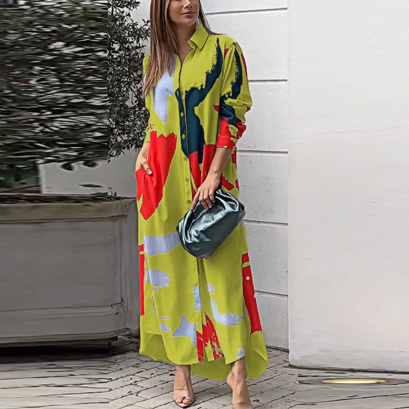 Abstract Print Button-Down Maxi Shirt Dress (Buy 2 Free Shipping)