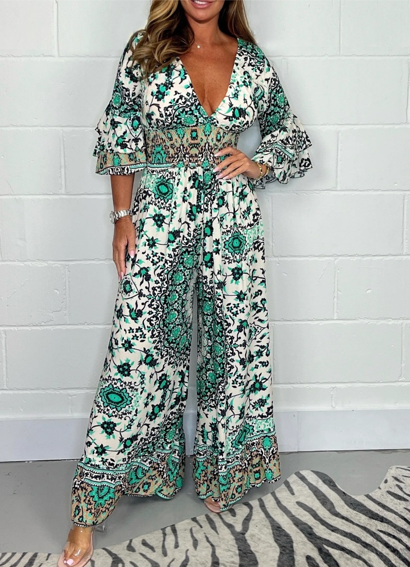Boho Floral Print Wide Leg Jumpsuit with Smocked Waist (Buy 2 Free Shi