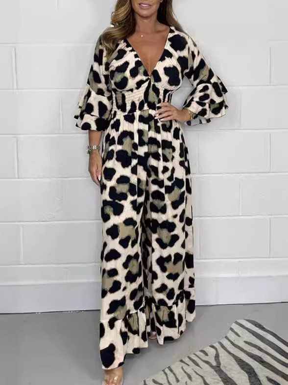 Leopard Print Wide-Leg Jumpsuit with Ruffle Sleeves (Buy 2 Free Shipping)