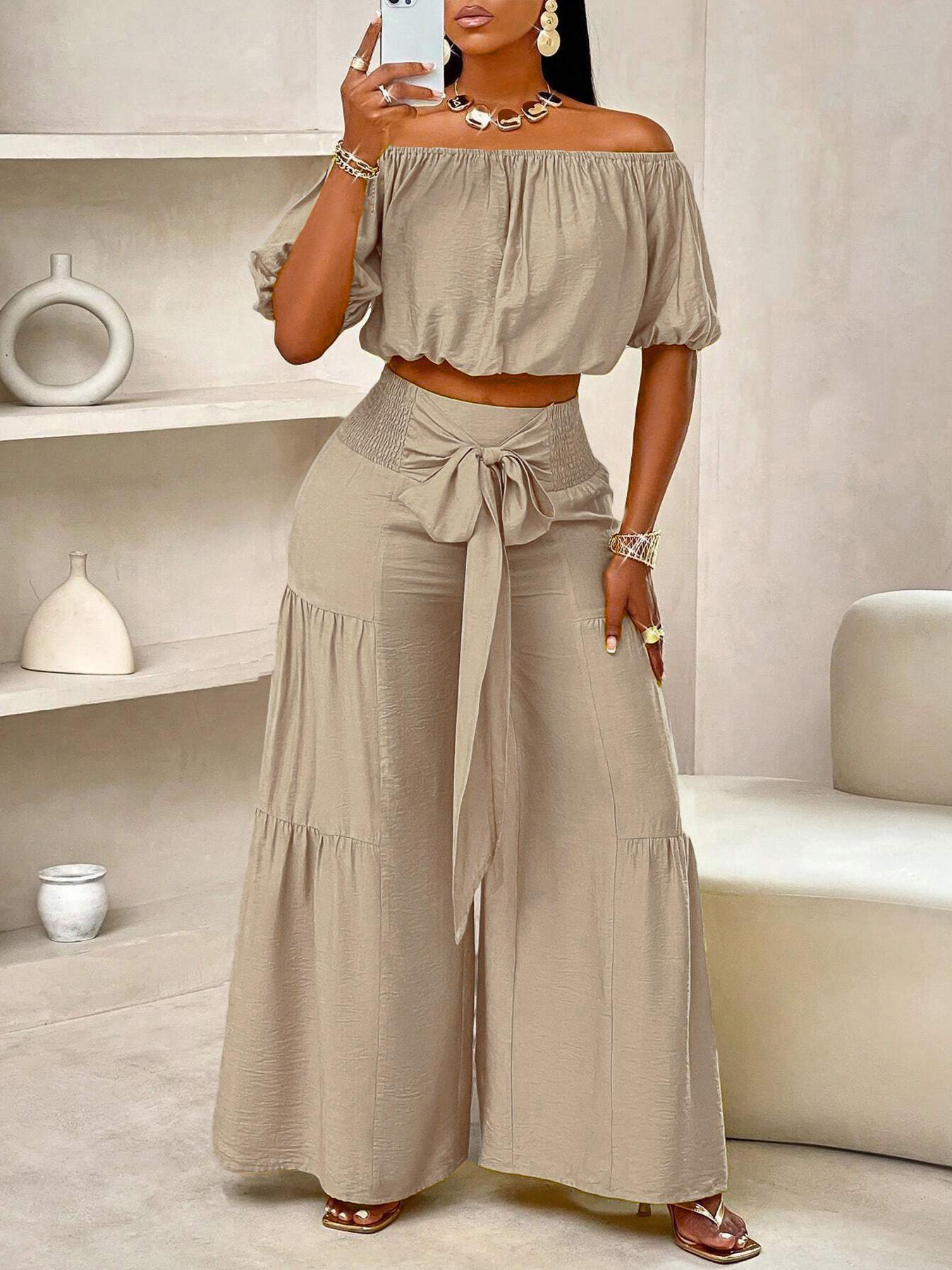 Breezy Smocked Waist Wide Leg Pants Two Piece Set