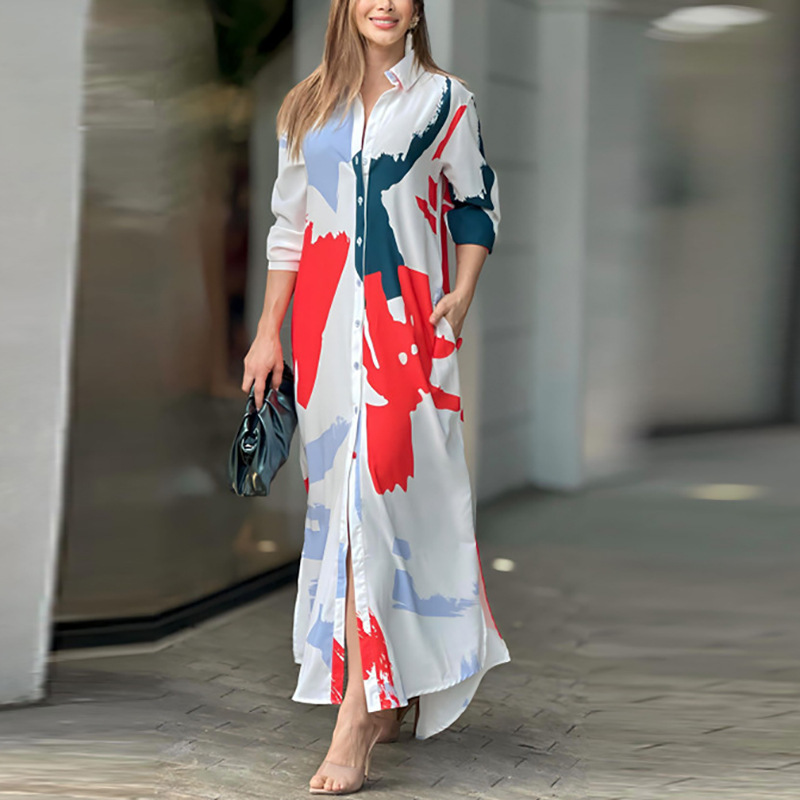 Abstract Print Button-Down Maxi Shirt Dress (Buy 2 Free Shipping)
